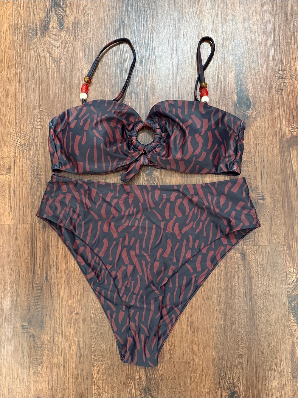 SHEIN Black and Burgundy Patterned High-Waist Bikini Set